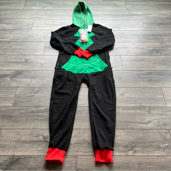 Tipsy Elves Christmas Holiday Tree Toss Fleece Pajama Jumpsuit Size M - Picture 6 of 6